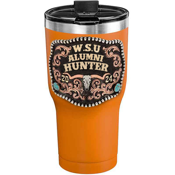 A customized tumbler made of stainless steel with a personalized engraved initials and Alumni Hunter lettering, 30 oz, ideal for coffee or cool drinks